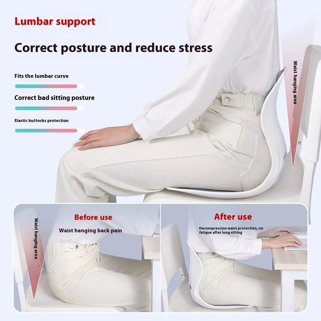 Grey and black Japanese style lumbar support cushion with waist support design on a chair.