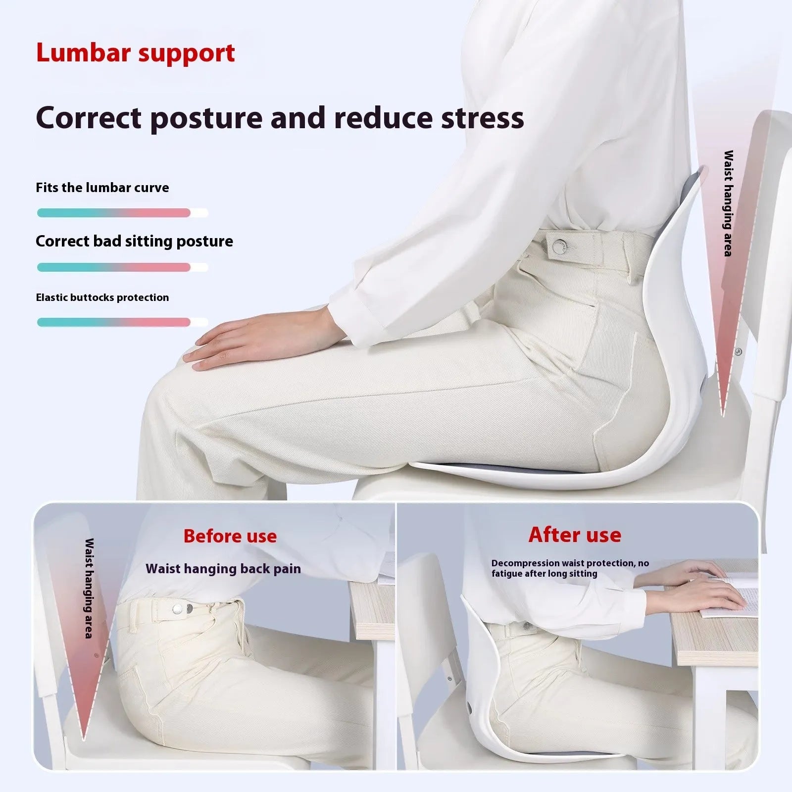 Grey and black Japanese style lumbar support cushion with waist support design on a chair.