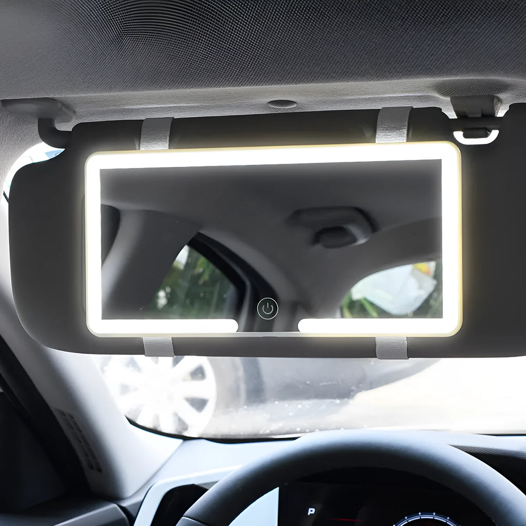 Automotive sun louver makeup mirror with LED light and dimming function showing 24cm width