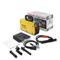 MMA-200MIN 220V inverter DC welding machine with welding tongs and face shield on a workbench.