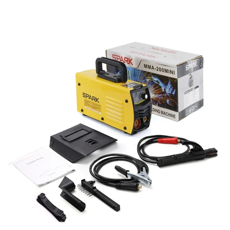 MMA-200MIN 220V inverter DC welding machine with welding tongs and face shield on a workbench.