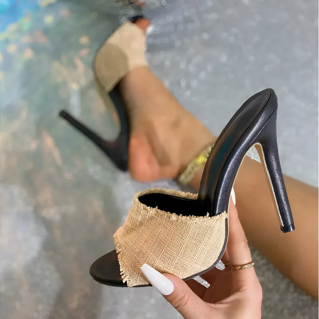Apricot women's sandals with stiletto heel, open toe bracket, sheepskin and fur upper with cowhide stitching