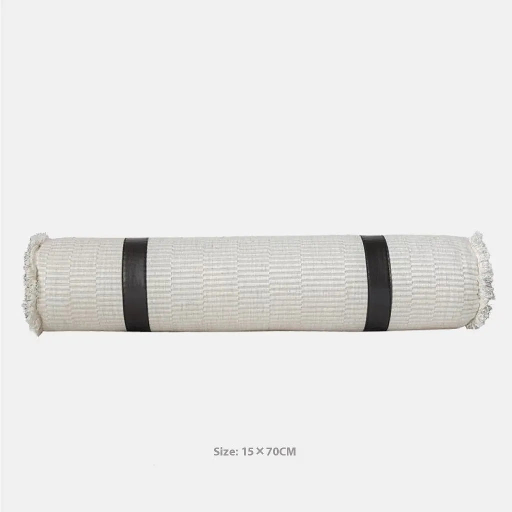 Modern grey and white plaid polyester bed runner set with leather pillow on a 1.8m bed