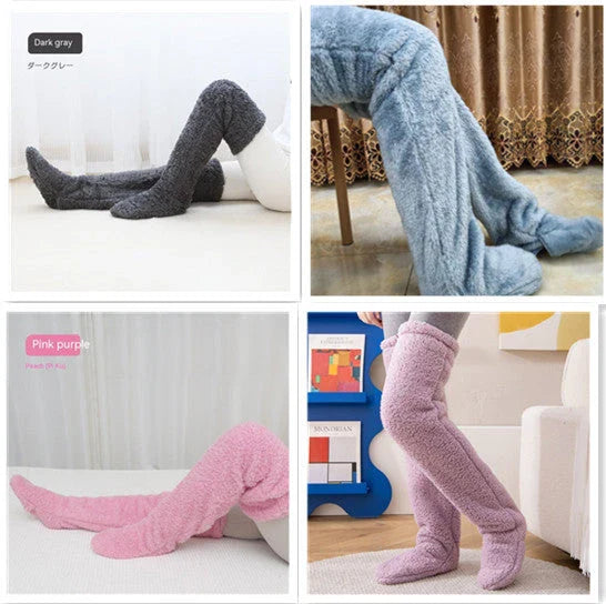 Cozy over-the-knee fuzzy socks in various colors, designed to keep your legs and knees warm during the winter season.