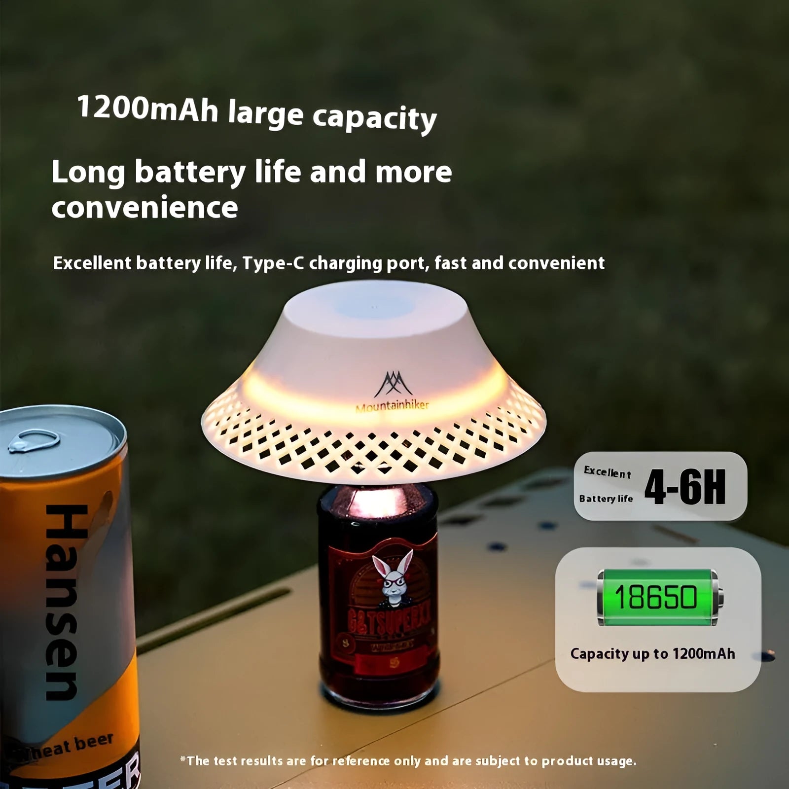 Beige wine bottle shaped camping lantern with USB-C port on a wooden table.