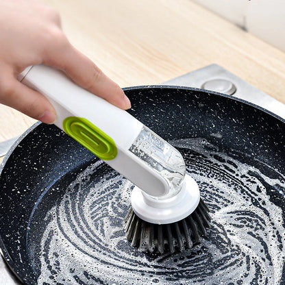 Self-cleaning kitchen scrub brush with soap dispenser and replaceable brush heads