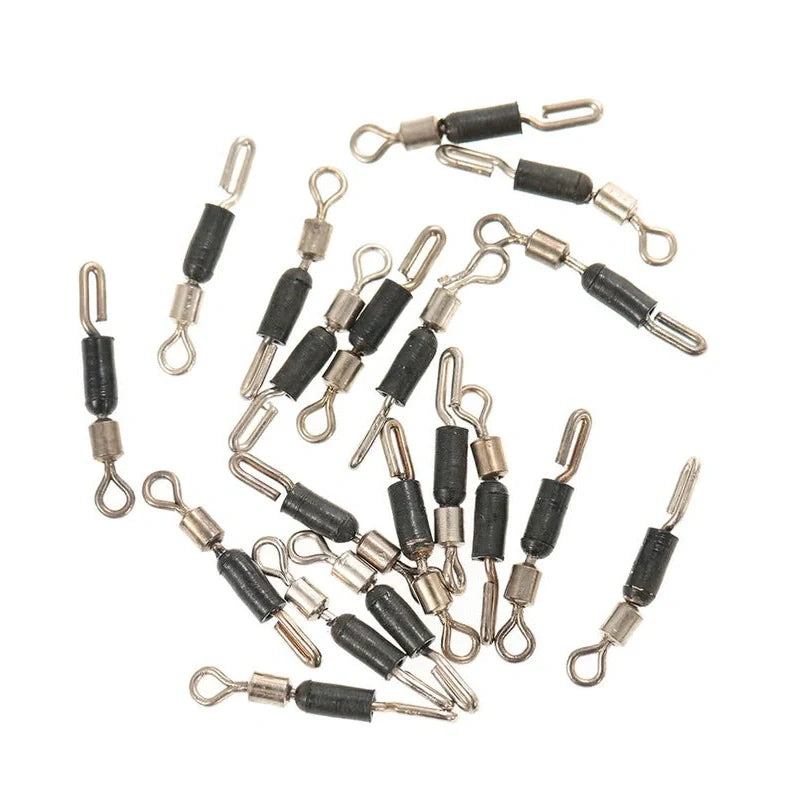 Silicone-coated wire clip swivel pin fishing accessory showing rotation mechanism and fishhook attachment point