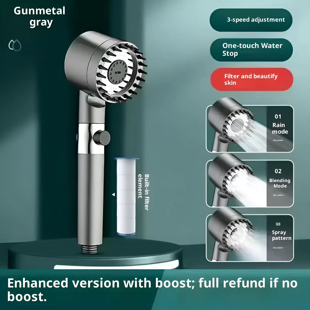 Supercharged ABS handheld shower set in light luxury grey with 5 functions, LED light, and universal interface.