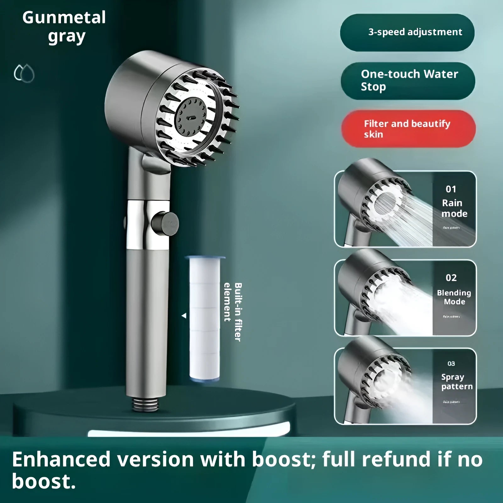 Supercharged ABS handheld shower set in light luxury grey with 5 functions, LED light, and universal interface.