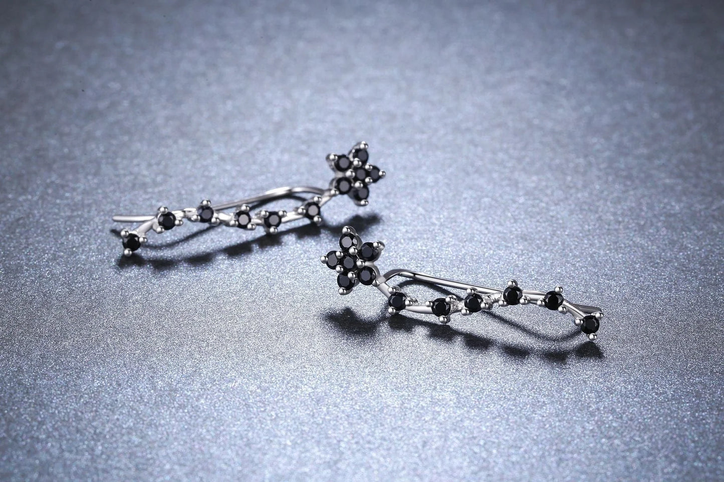 Women's Long Fringed Zircon Earrings in black with flower detailing