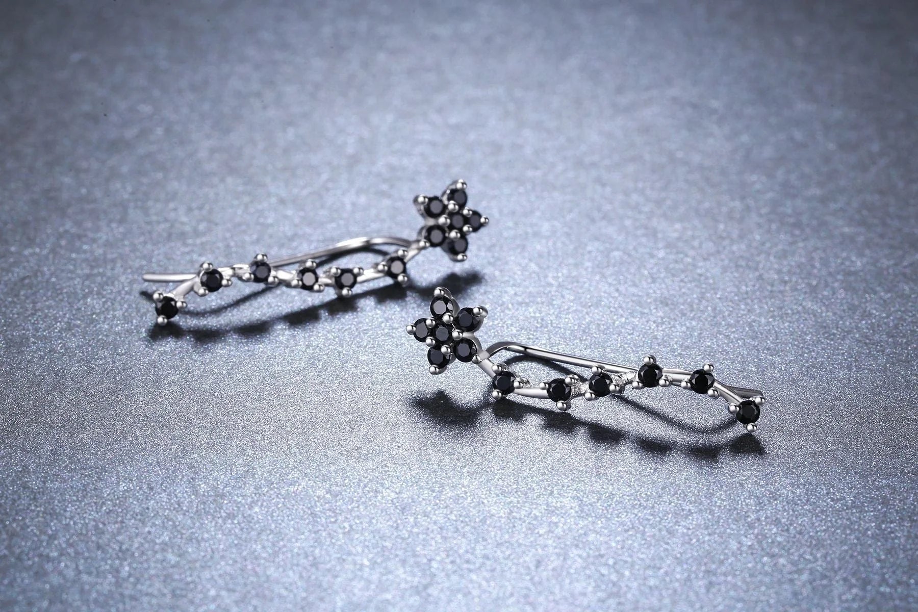 Women's Long Fringed Zircon Earrings in black with flower detailing