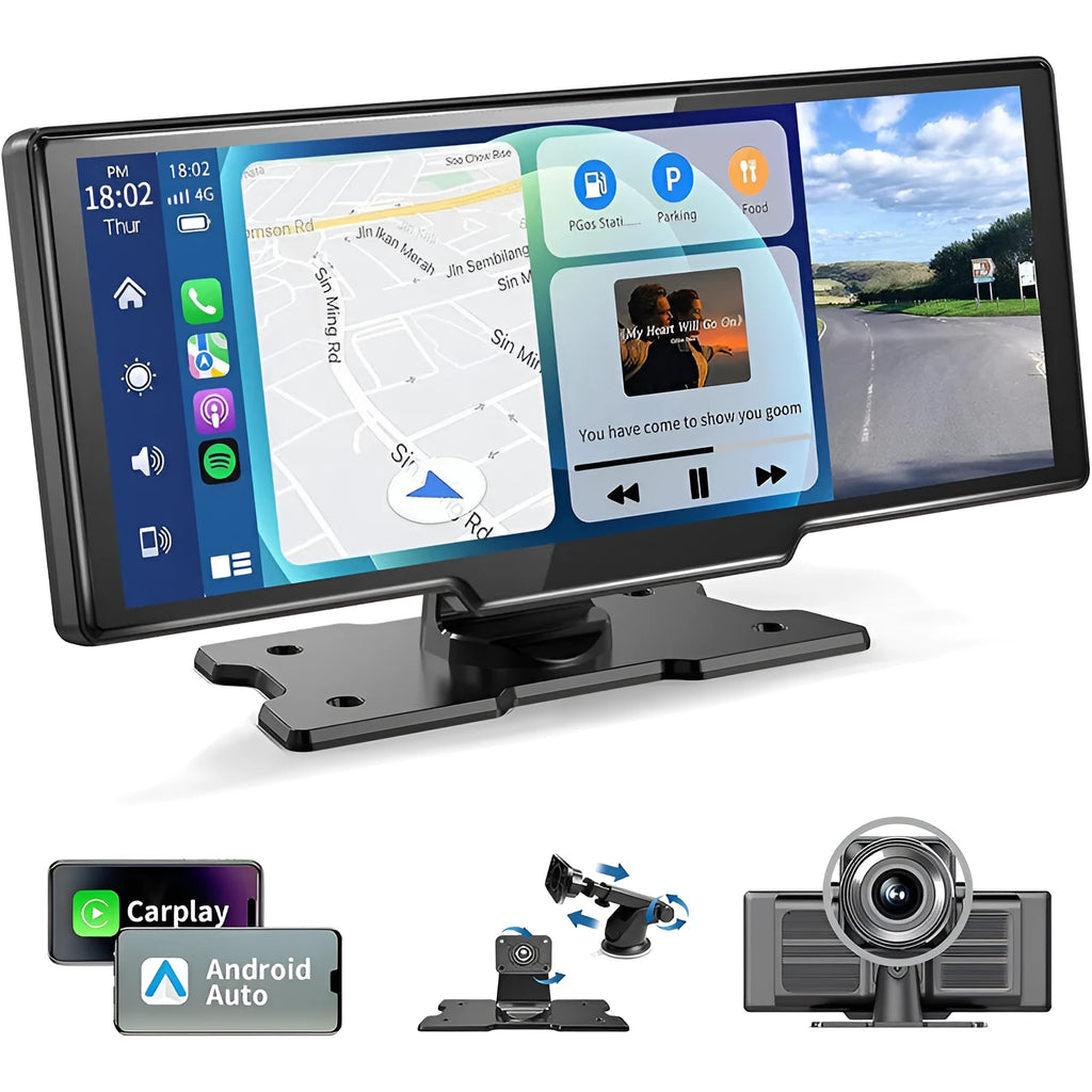 Black 10.26-inch touch screen car navigation device with front and rear camera recording capabilities