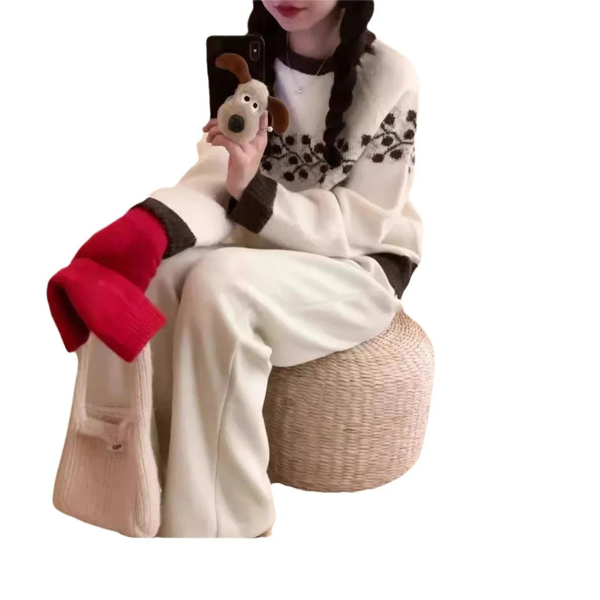 Korean style round neck jacquard colour-matched loose fit sweater in apricot, gray, and brown colourways