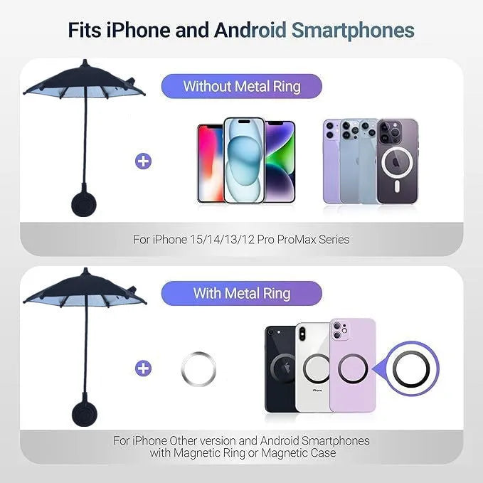 Magnetic retractable mobile phone umbrella bracket with iron frame and NC fabric in black