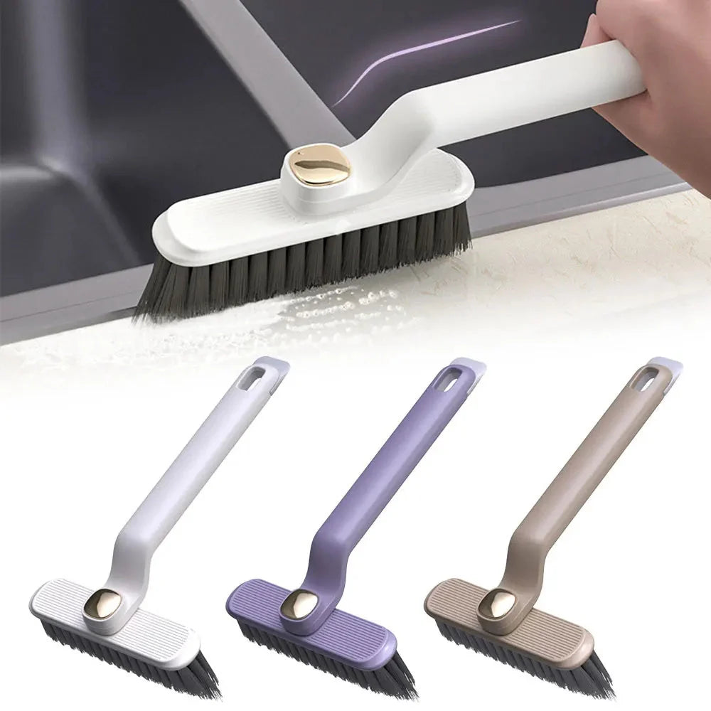 Multi-function rotating crevice cleaning brush in purple, white, and brown for kitchen and bathroom cleaning