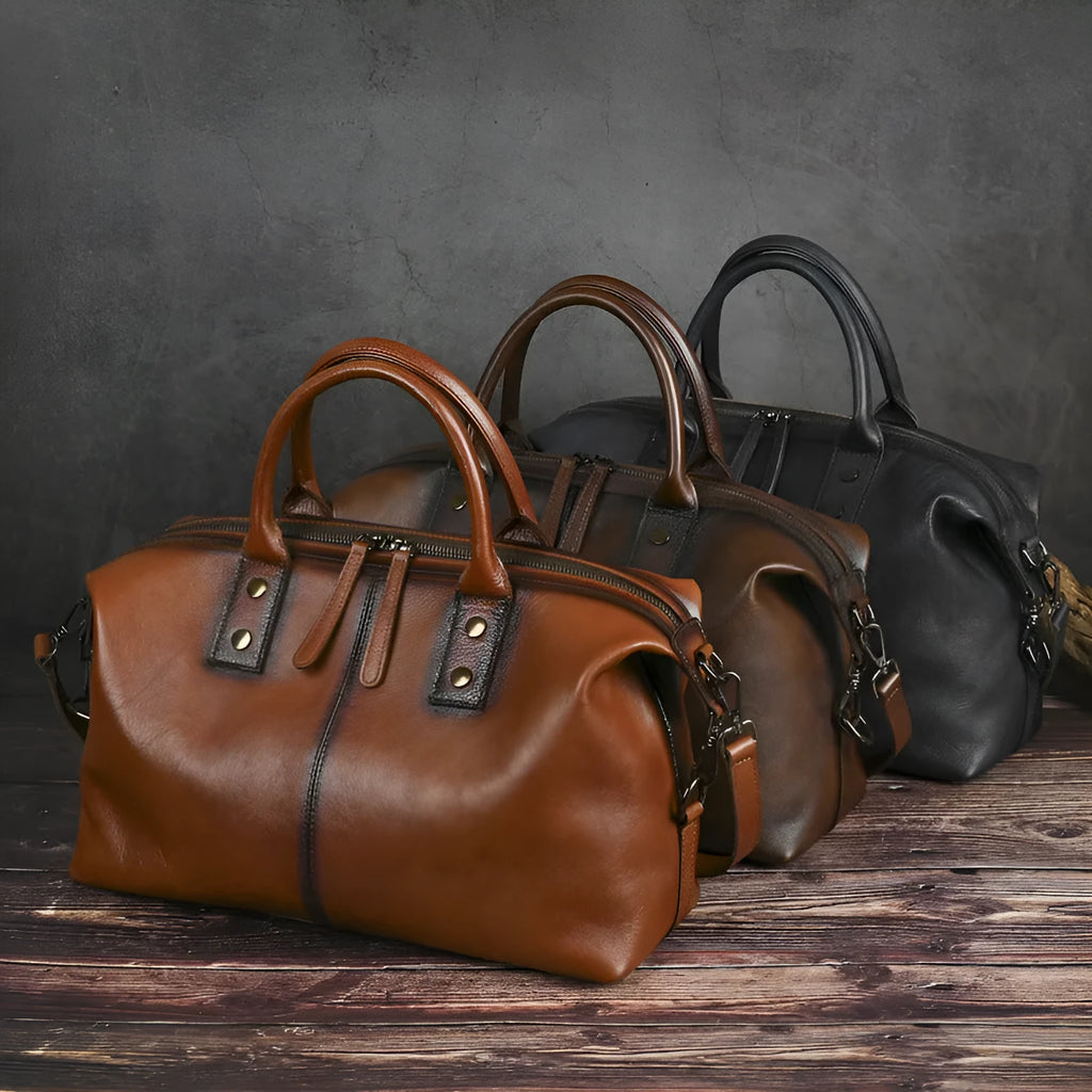 Women's retro large-capacity genuine leather handbag in brown with single shoulder strap and horizontal square shape