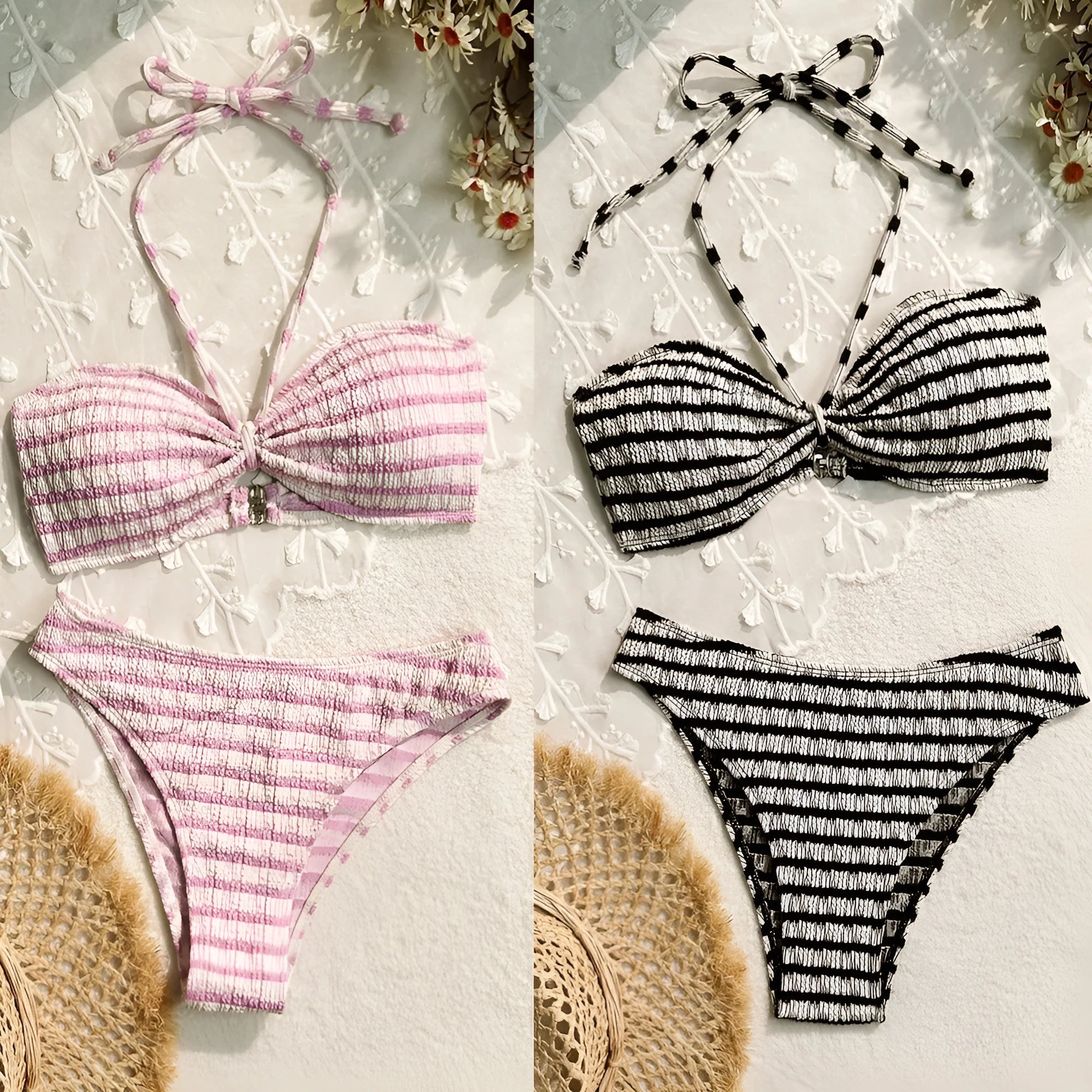 Women's striped bikini swimsuit with brief bottoms in pink or black colours