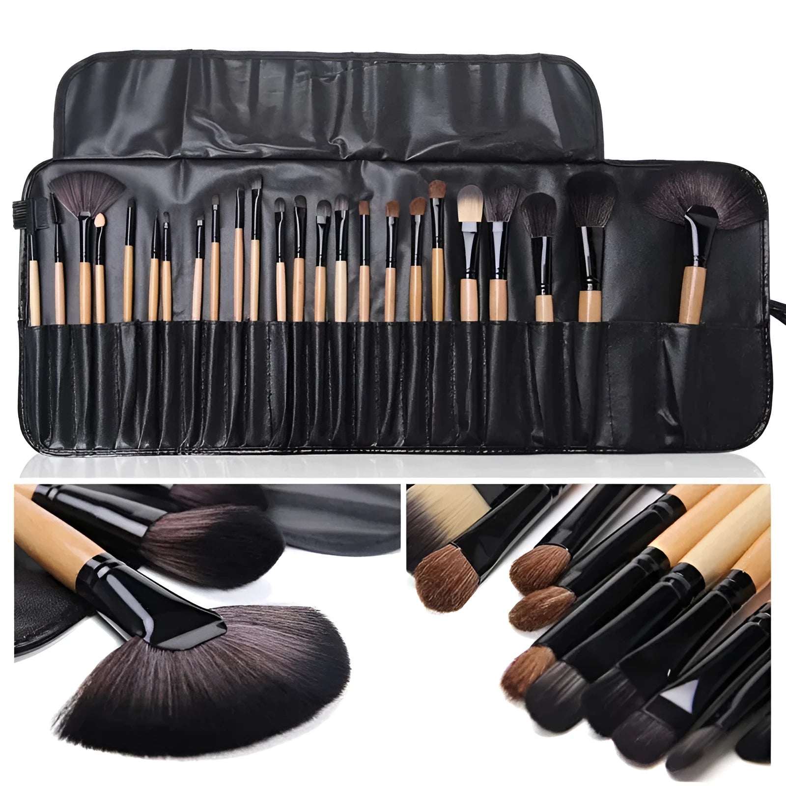 24 professional makeup brushes with wooden handles in a black PU carrying case