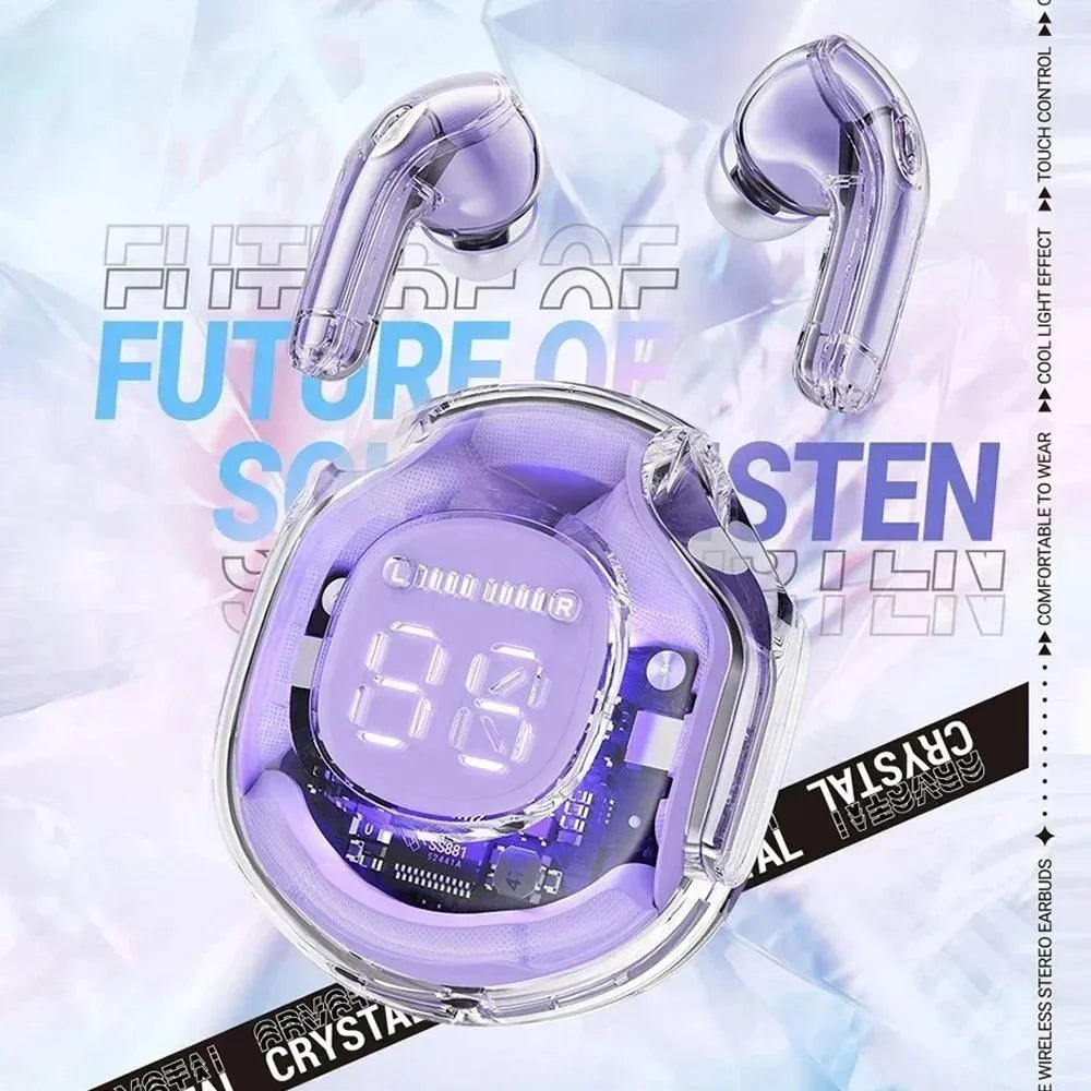 Transparent wireless Bluetooth in-ear headset shown in multiple colours against a plain background.