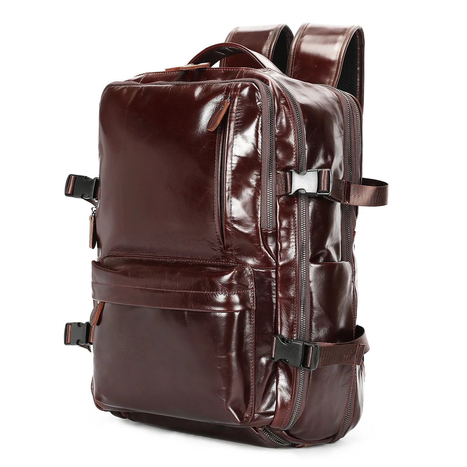 Large capacity genuine leather backpack in black, 30x20x45cm, with curved shoulder strap and retro design