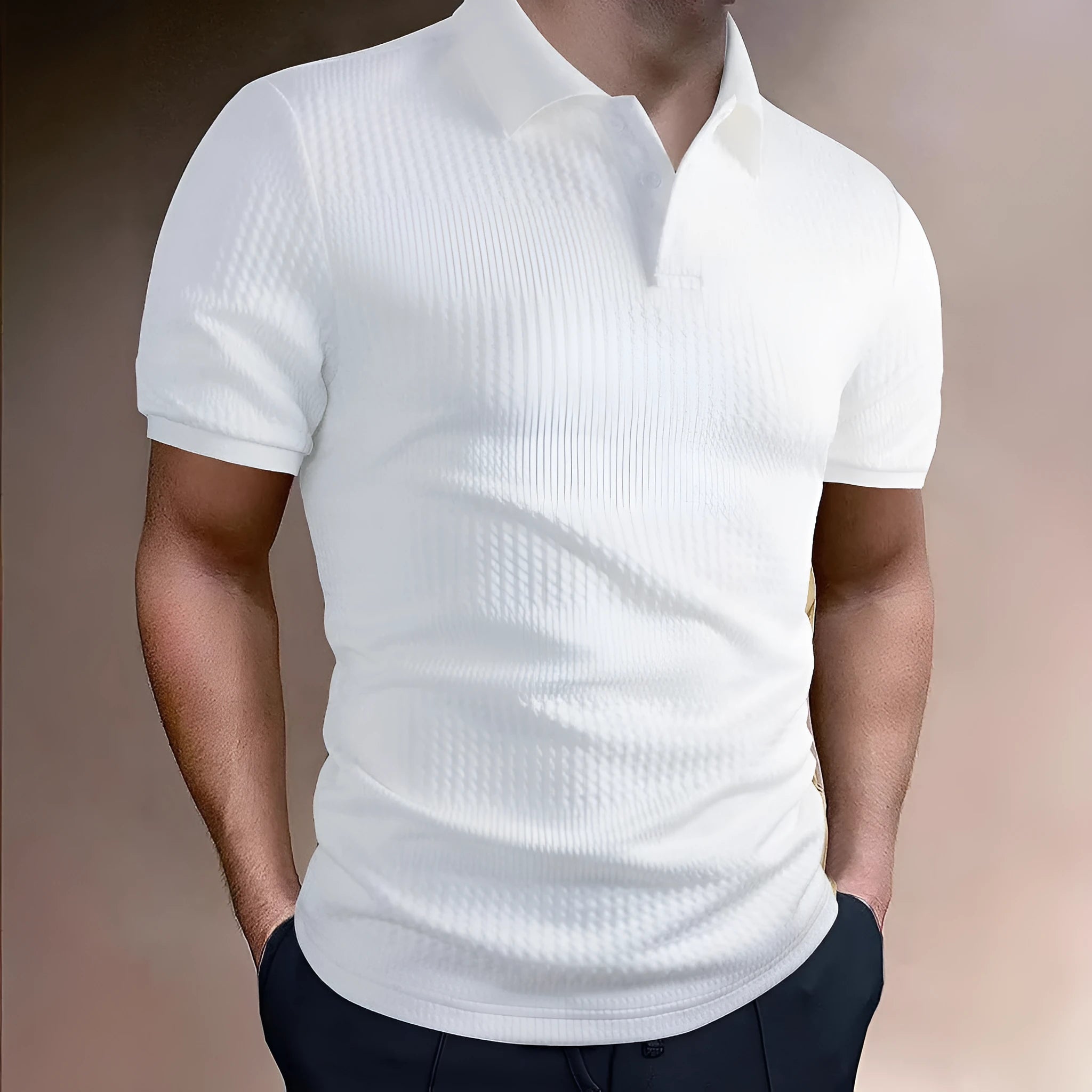 Men's loose striped polo shirt in black with asymmetric pattern and short sleeves