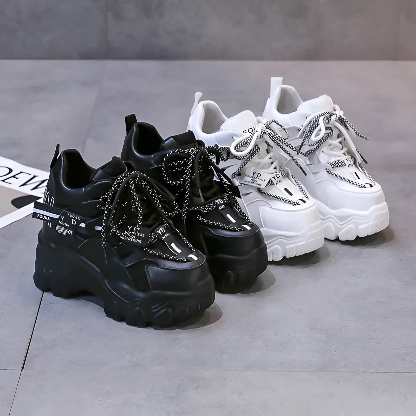 Women's white mesh platform shoes with cross strap and 6-8cm rubber sole heel.