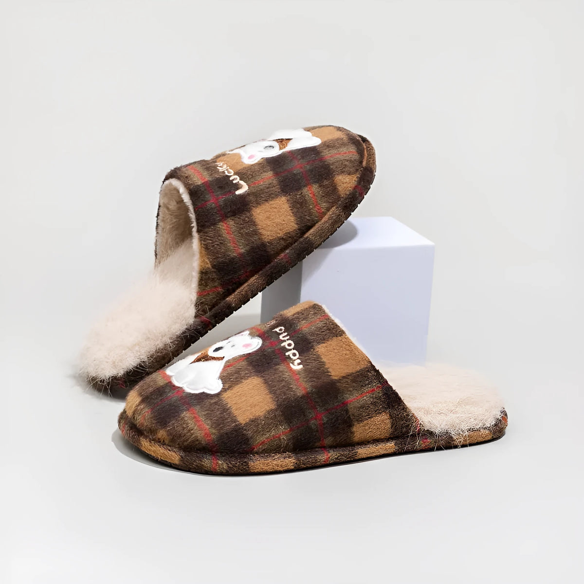 Plush cotton indoor slippers in chestnut coffee colour with fluffy texture and non-slip sole