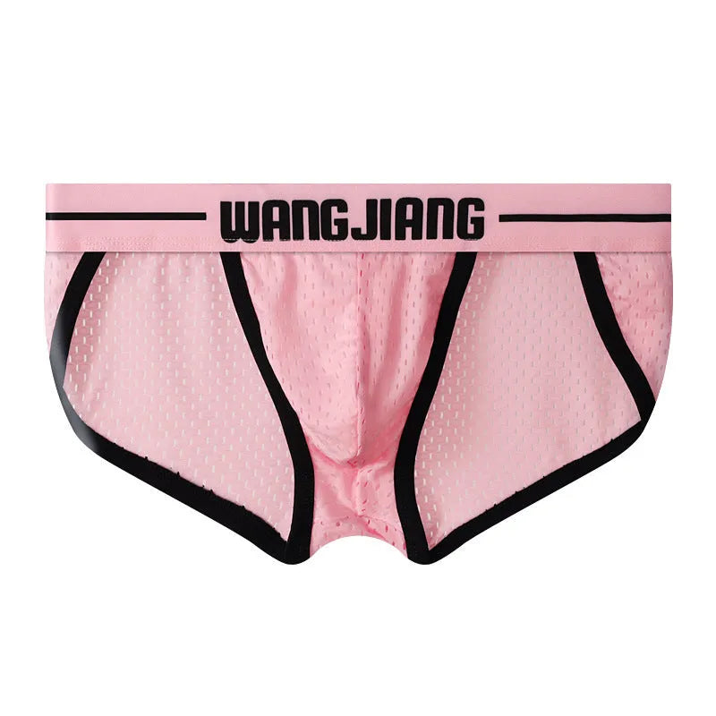 Men's black Ice Silk mesh triangle underwear briefs laid flat, showing breathable fabric texture.