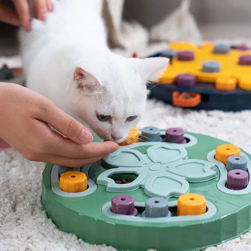 Blue interactive dog slow feeder puzzle toy with compartmentalised design for educational feeding