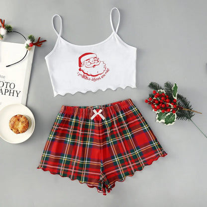Women's Christmas-themed milk silk pajamas set with sleeveless top and shorts