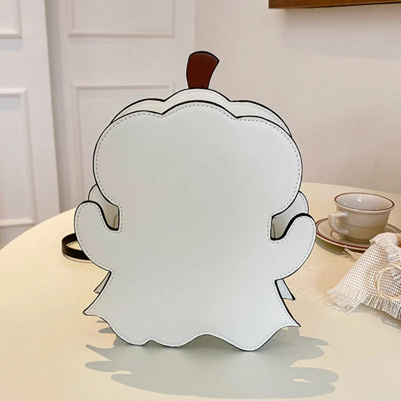 Halloween shoulder bag with 3D cartoon pumpkin ghost design in white