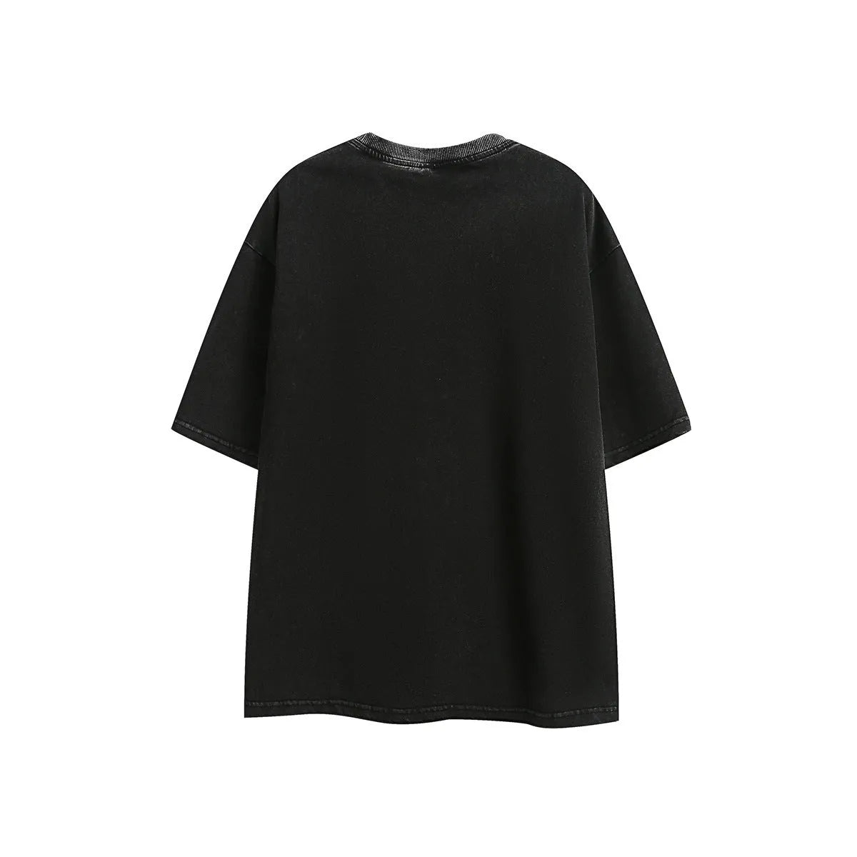 Loose fit purple short-sleeved cotton T-shirt with retro embroidery on a hanger.