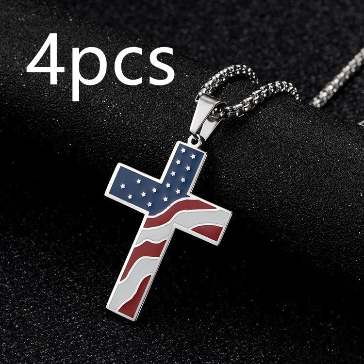 Men's stainless steel flag cross necklace in Black, Gold, and Silver options