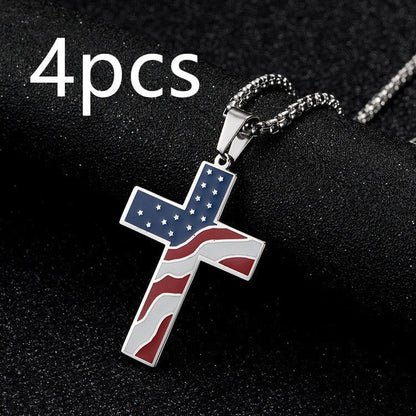 Men's stainless steel flag cross necklace in Black, Gold, and Silver options