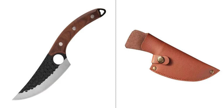 Hand hammered stainless steel boning knife with leather case