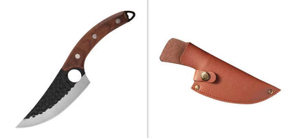 Hand hammered stainless steel boning knife with leather case