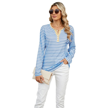 Women's V-neck striped loose long-sleeved t-shirt in various colours