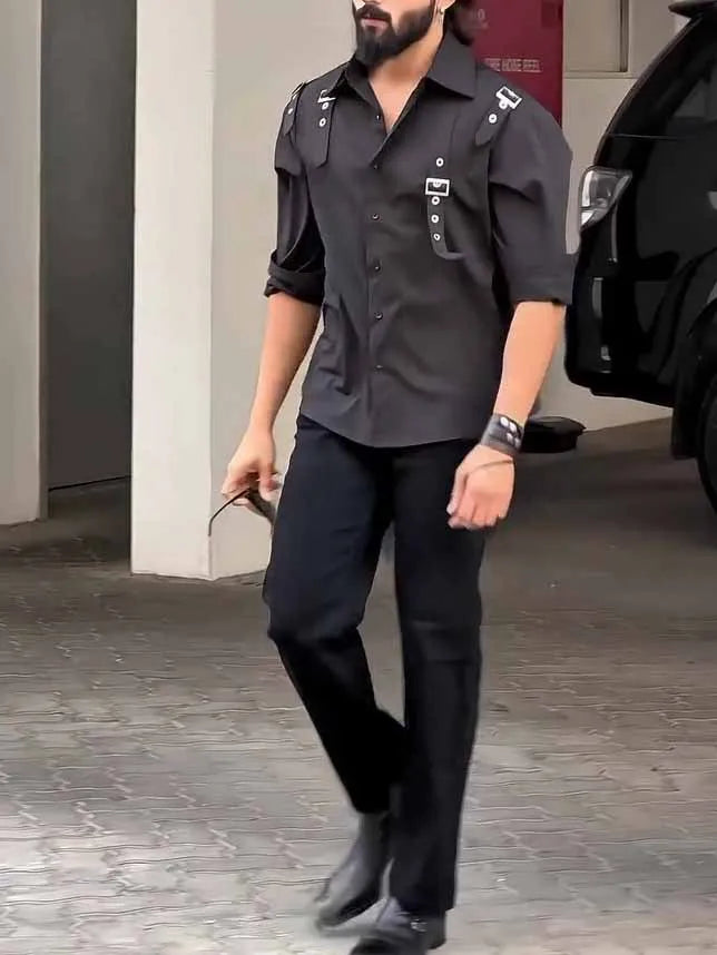Men's black utility button-up shirt regular fit polyester daily wear