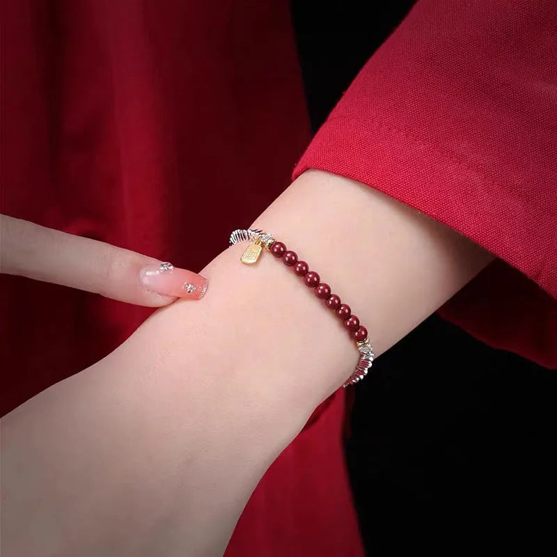 White K silver lucky beads couple bracelet with geometric round design measuring 16cm length