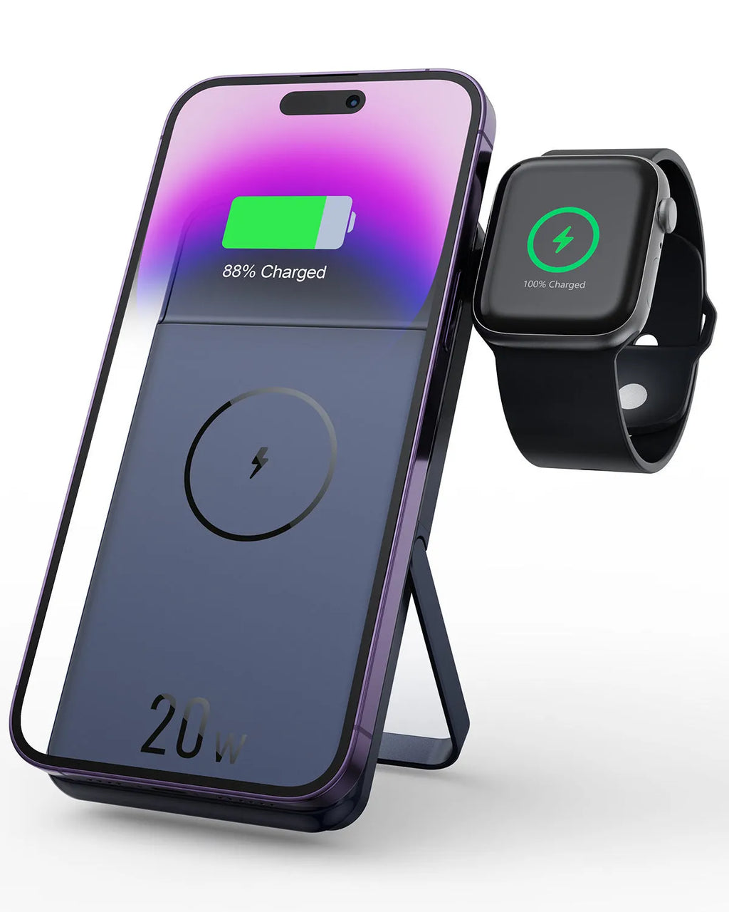 Black industrial-style magnetic wireless power bank showing three-in-one bracket design with 10000mAh capacity