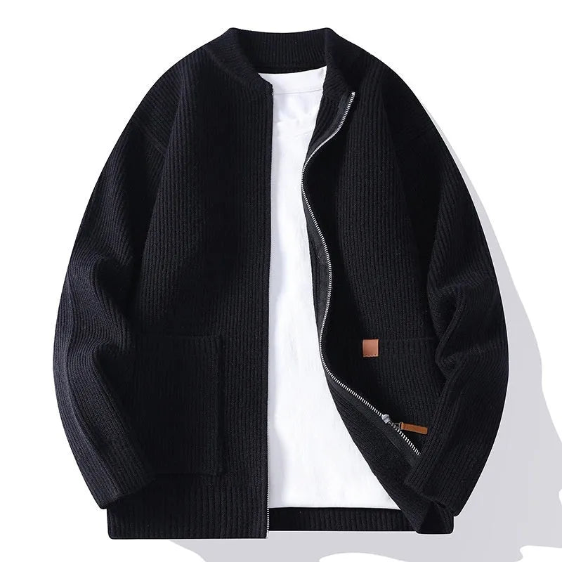 Men's straight fit striped sweater cardigan jacket in a choice of five colours on a hanger.