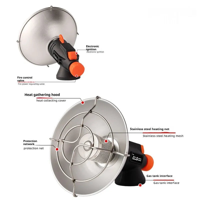 Black and orange portable outdoor gas heating stove with piezo ignition on a table