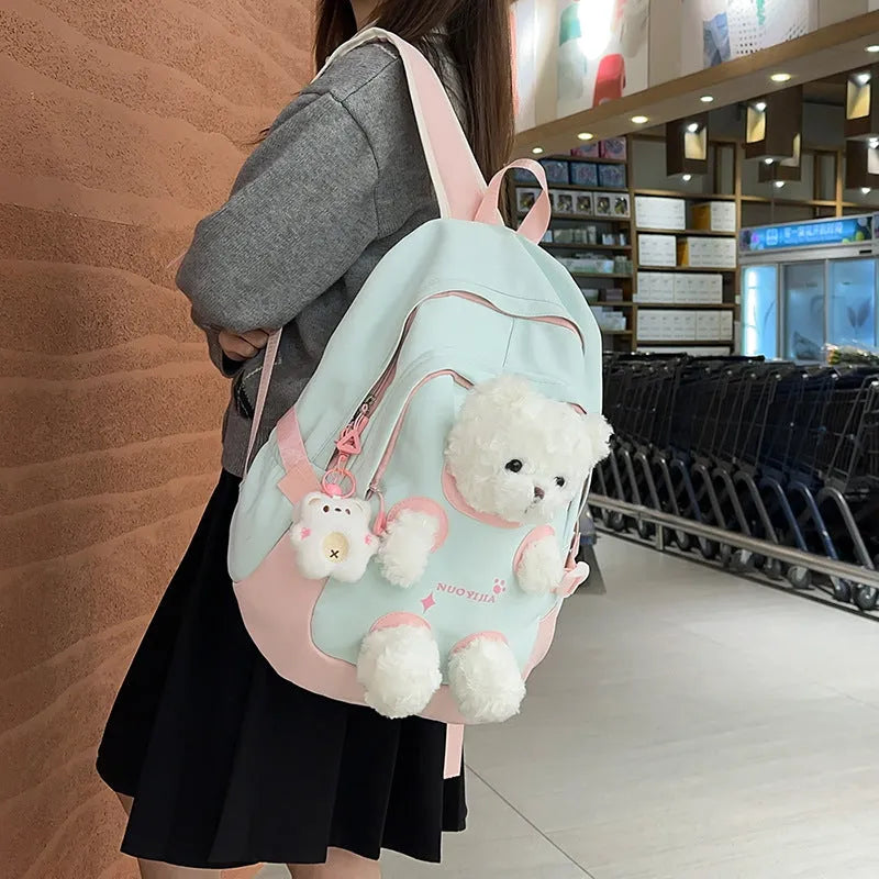 Cute bear-themed nylon school backpack with curved shoulder straps in macaron colour options.