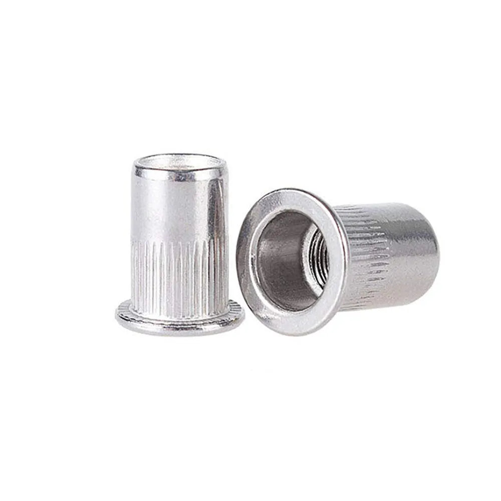 304 stainless steel flat head threaded rivet nut kit with 5/16-18 UNC thread, 0.4in body diameter, 1.5cm head, and 0.75in length