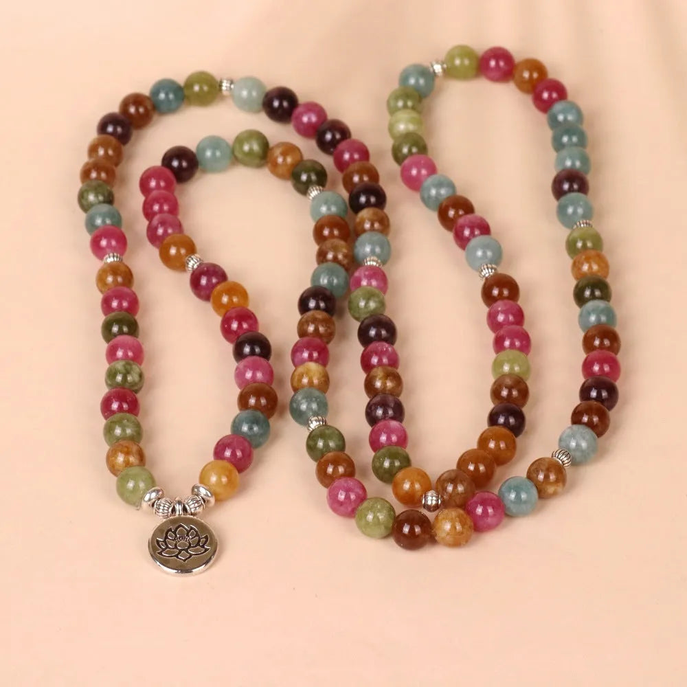 108-bead multi-layer lotus bracelet with alloy construction and tourmaline-coloured beads