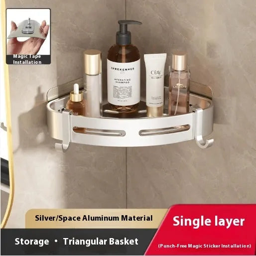 Gun gray triangle bathroom storage rack mounted in corner with punch-free installation
