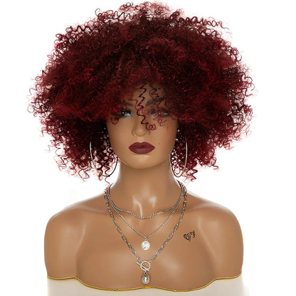 Afro kinky curly synthetic wig with 10-12cm oblique bangs in black, brown, or wine red, adjustable 21-22 inch cap for all face shapes