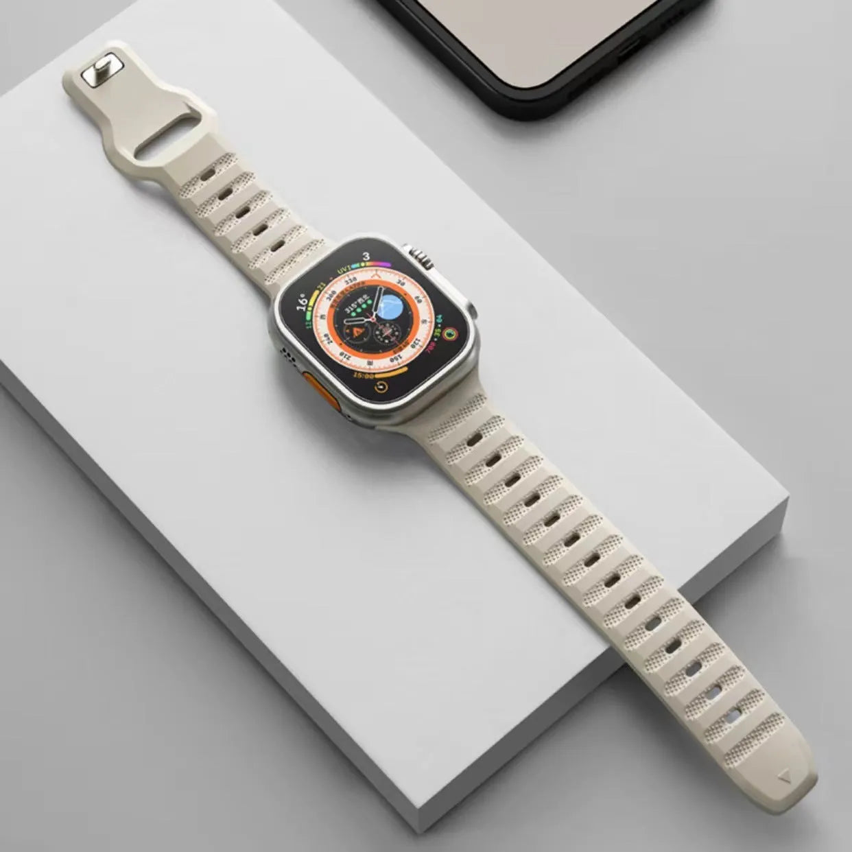 Fluoro rubber Apple Watch replacement strap with T buckle clasp in multiple colours.