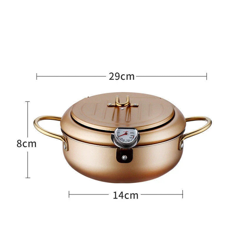 Telescopic stainless steel frying basket with removable thermometer, suitable for gas and induction cooking
