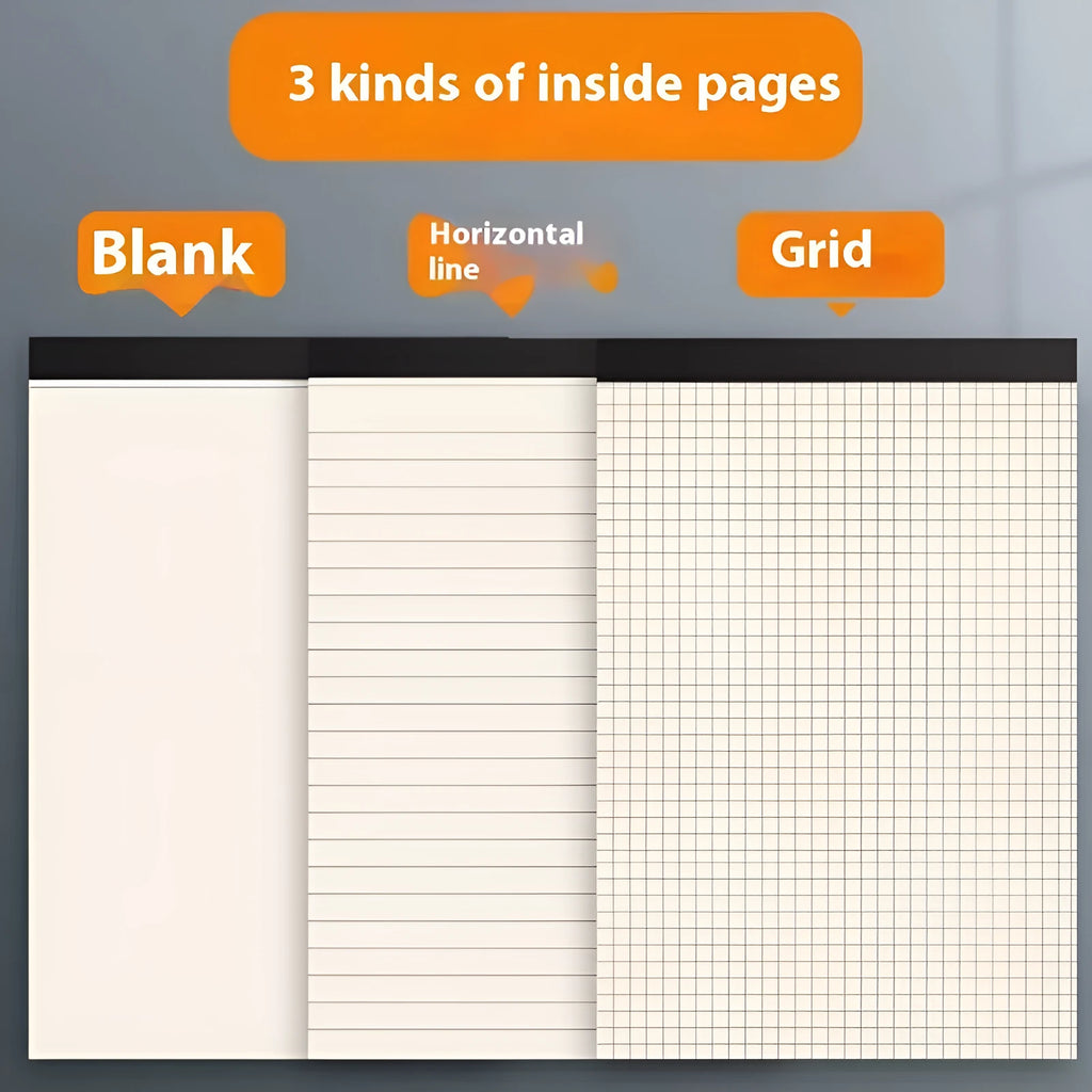 A5, B5 and A4 writing pads with 80 sheets of wood-free paper in blank, grid and line rulings